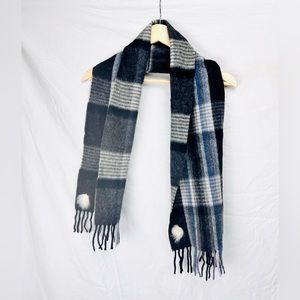 SOLD Vintage blue, navy, black, and grey tartan patterned reversible wool scarf